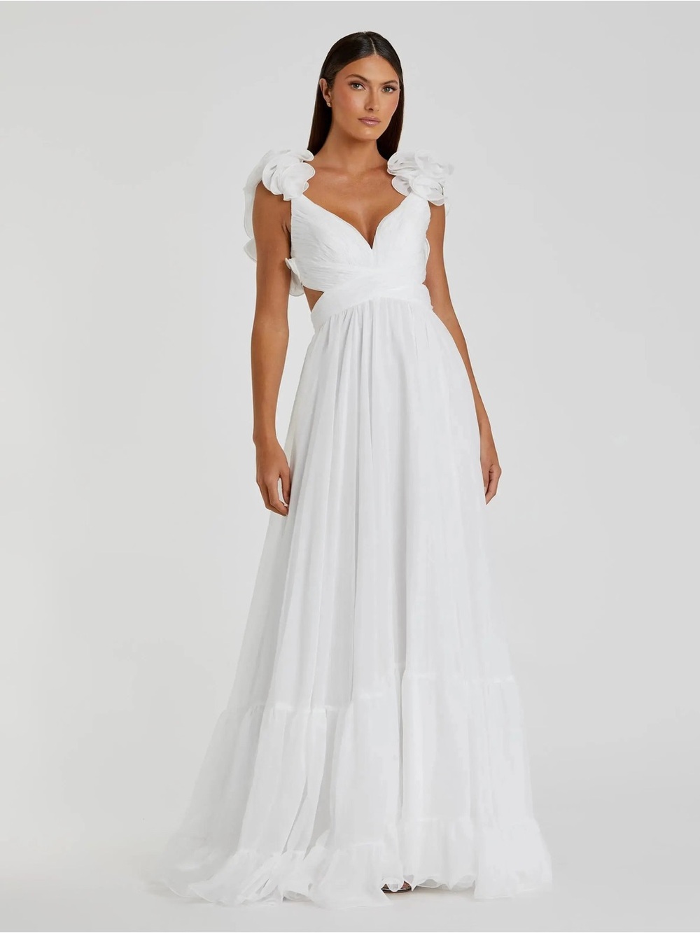 Mac Duggal White Ruffle Tiered Cut-Out Chiffon Gown Size 6 NEW